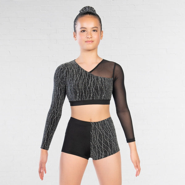 1st Position Asymmetrical Lurex and Mesh Panelled Crop Top and Shorts - Dazzle Dancewear Ltd