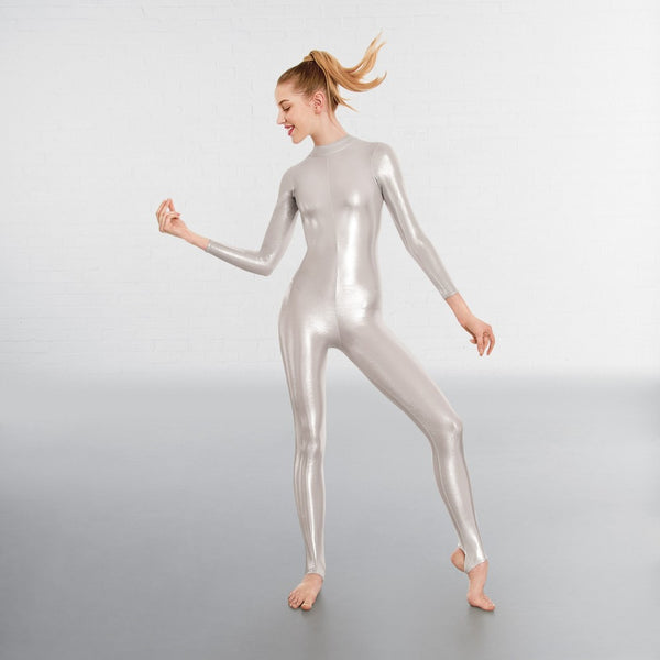 1st Position Silver Long Sleeved Foil Dance Catsuit - Dazzle Dancewear Ltd