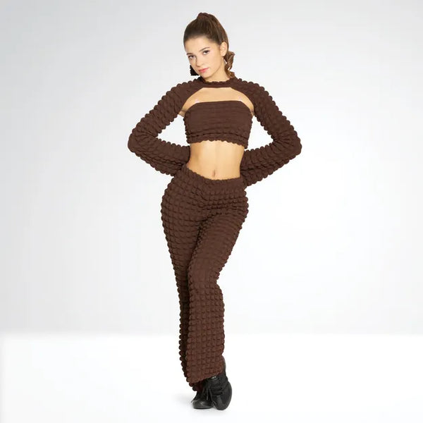 Three-Piece Textured Crop Top Bell Sleeve and Matching Trousers | 1st Position