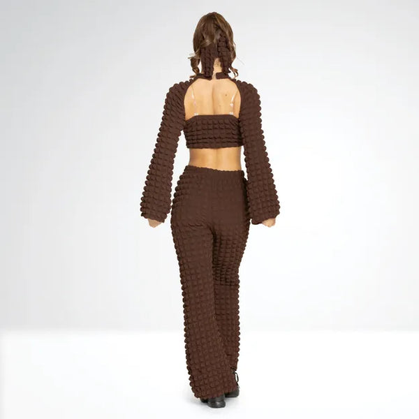 Three-Piece Textured Crop Top Bell Sleeve and Matching Trousers | 1st Position