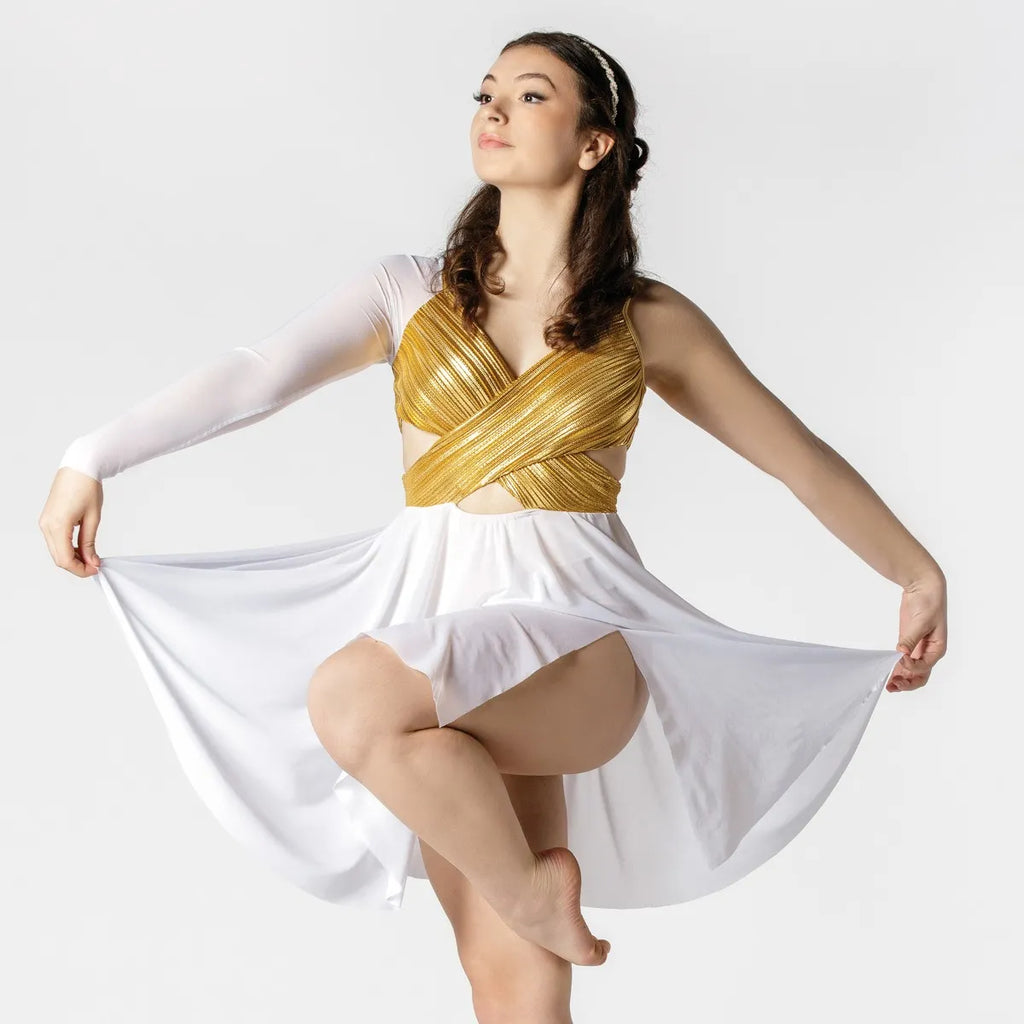 Gold & White Cutaway Crossover Dress with Mesh Sleeve | 1st Position 