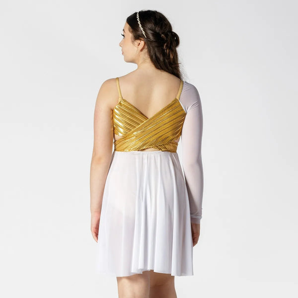 Gold & White Cutaway Crossover Dress with Mesh Sleeve | 1st Position 