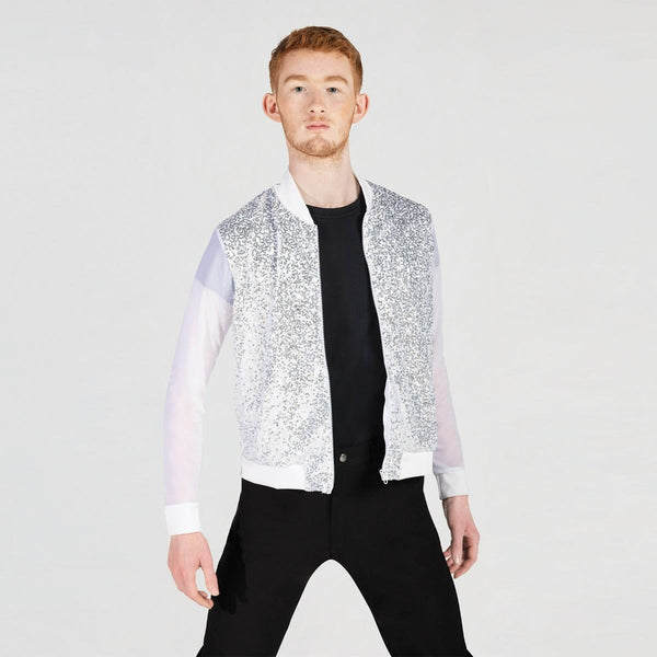 Sequin Bomber Jacket with Mesh Sleeves | 1st Position 