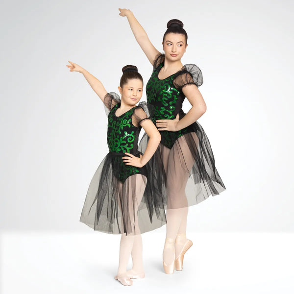 Sequin Leotard with Puff Sleeve and Separate Net Skirt | 1st Position 