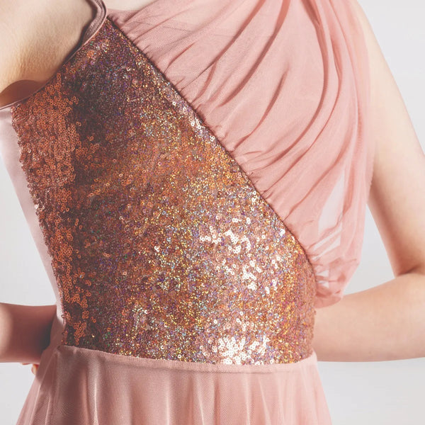 Diagonal Sequin Panelled Dress with Mesh Overlay | 1st Position 