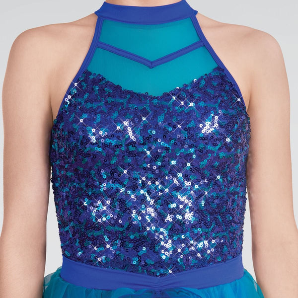 1st Position Blue High Neck Glitz Unitard with Ruffled Net Skirt - Dazzle Dancewear Ltd