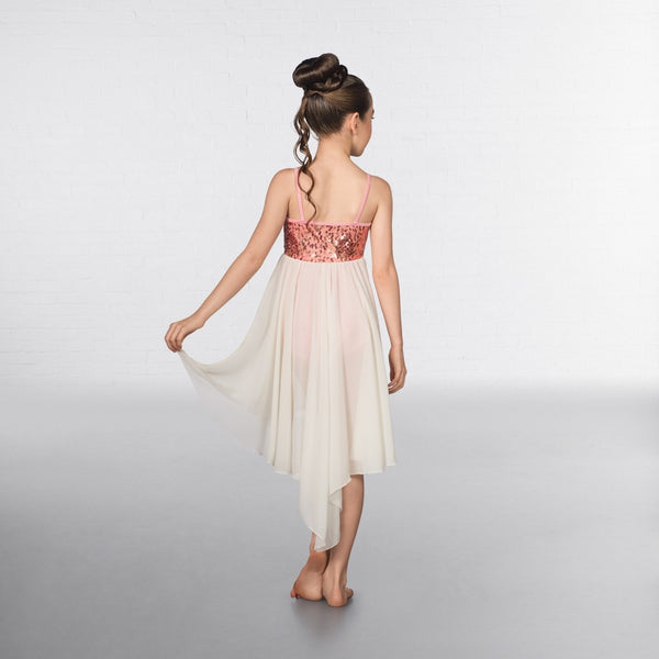1st Position Pink Sequin Feather Dip Hemmed Lyrical Dress - Dazzle Dancewear Ltd