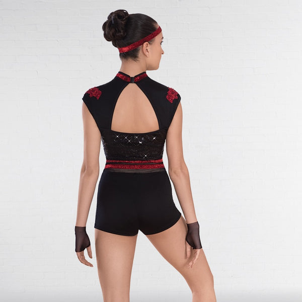 1st Position Black & Red Cap Sleeved Sequin Dance Unitard with Cutaway Panels - Dazzle Dancewear Ltd