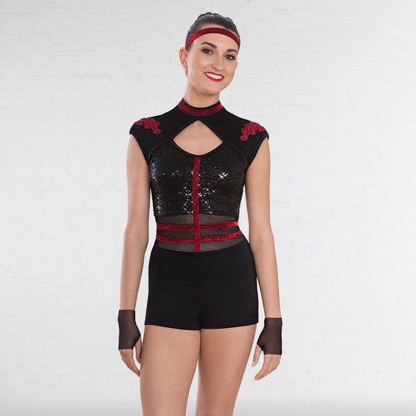 1st Position Black & Red Cap Sleeved Sequin Dance Unitard with Cutaway Panels - Dazzle Dancewear Ltd