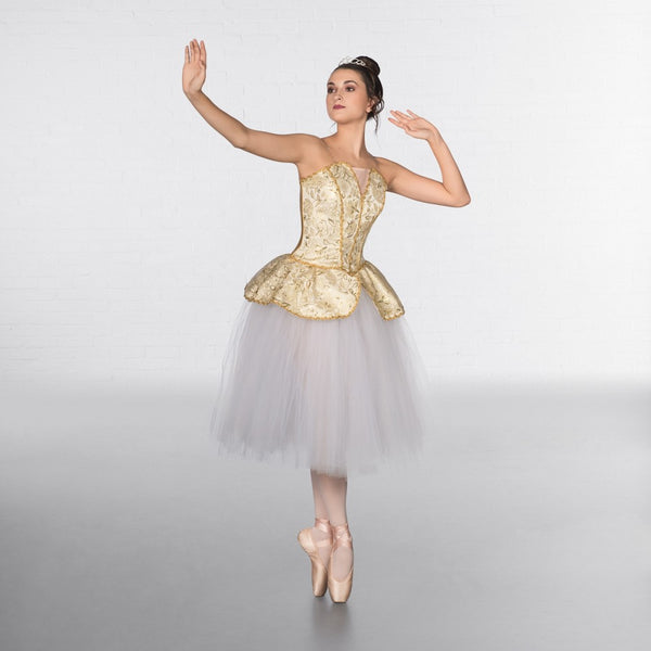 1st Position Prestige Gold Floral Woven Bodice With Separate Over Skirt - Dazzle Dancewear Ltd
